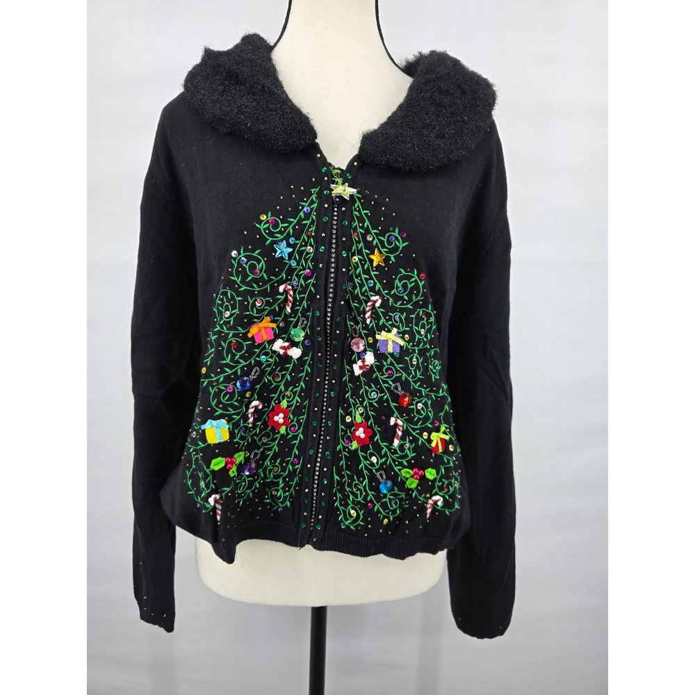 Jack B Quick Womens XL Christmas Tree Cardigan Faux Fur Collar Sequin Sweater